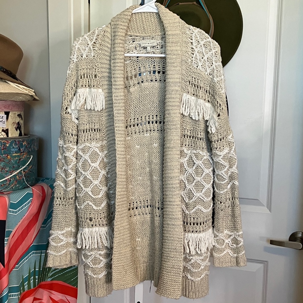 Lucky Brand Cream Open-Front Fringe Knit Cardigan